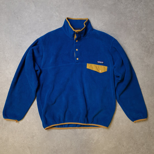 Patagonia synchilla snap t fleece in blue and mustard - medium