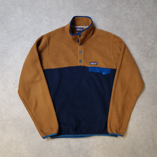 Patagonia synchilla snap t fleece in blue and mustard - small